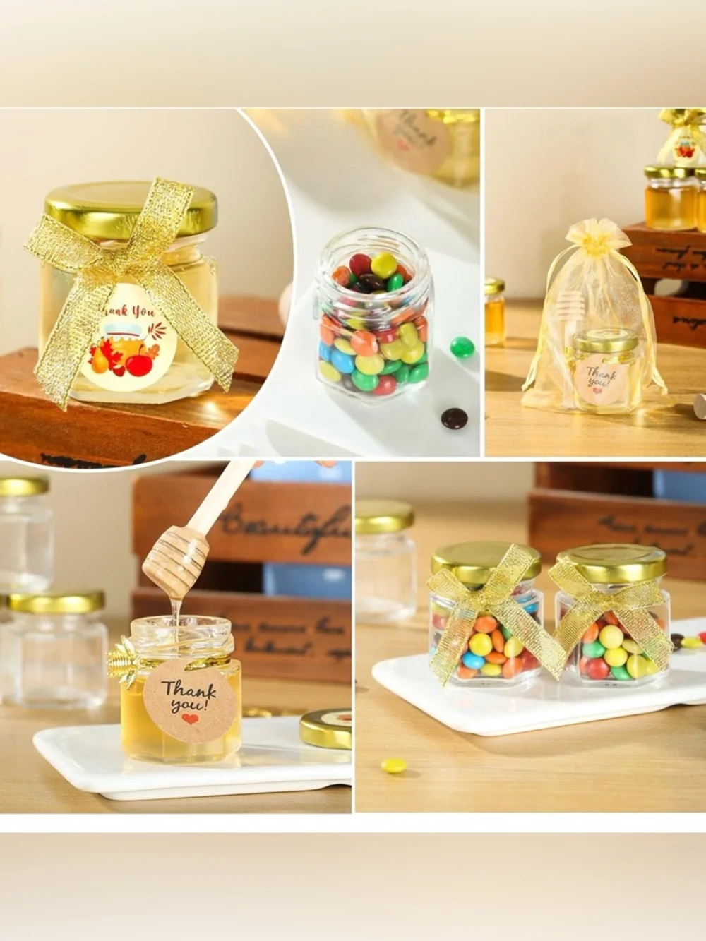 Mini Honey Jar Favor Set Gold Lids Bee Charm Organza Bags 1.5 oz Set of 15 - Picture 2 of 7
